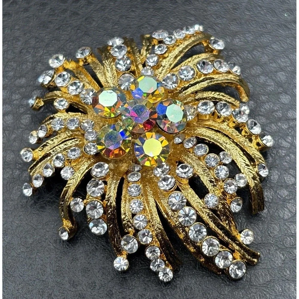 HUGE Aurora Borealis AB Crystal Rhinestone Sunburst Gold Tone Brooch Pin